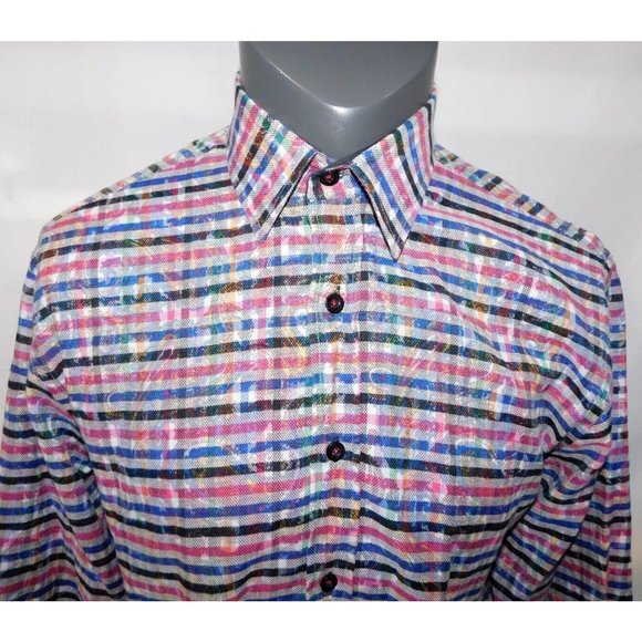 Franco Negretti Montreal Mens Medium Pink Blue Black Plaid Button Front Shirt - Picture 6 of 12